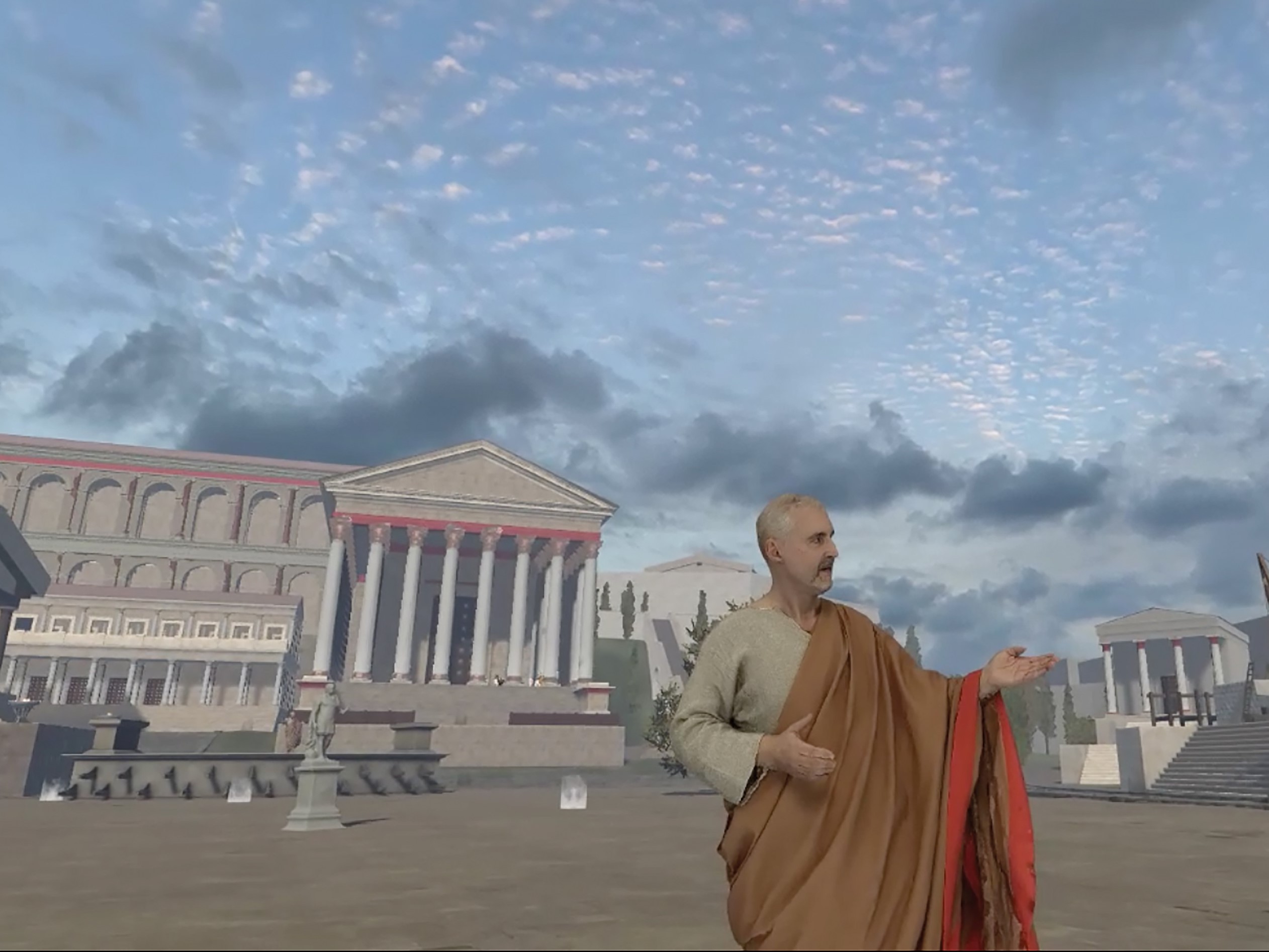 In einer virtuellen Darstellung ist ein älterer Mann in einer Toga auf dem antiken Forum Romanum zu sehen.