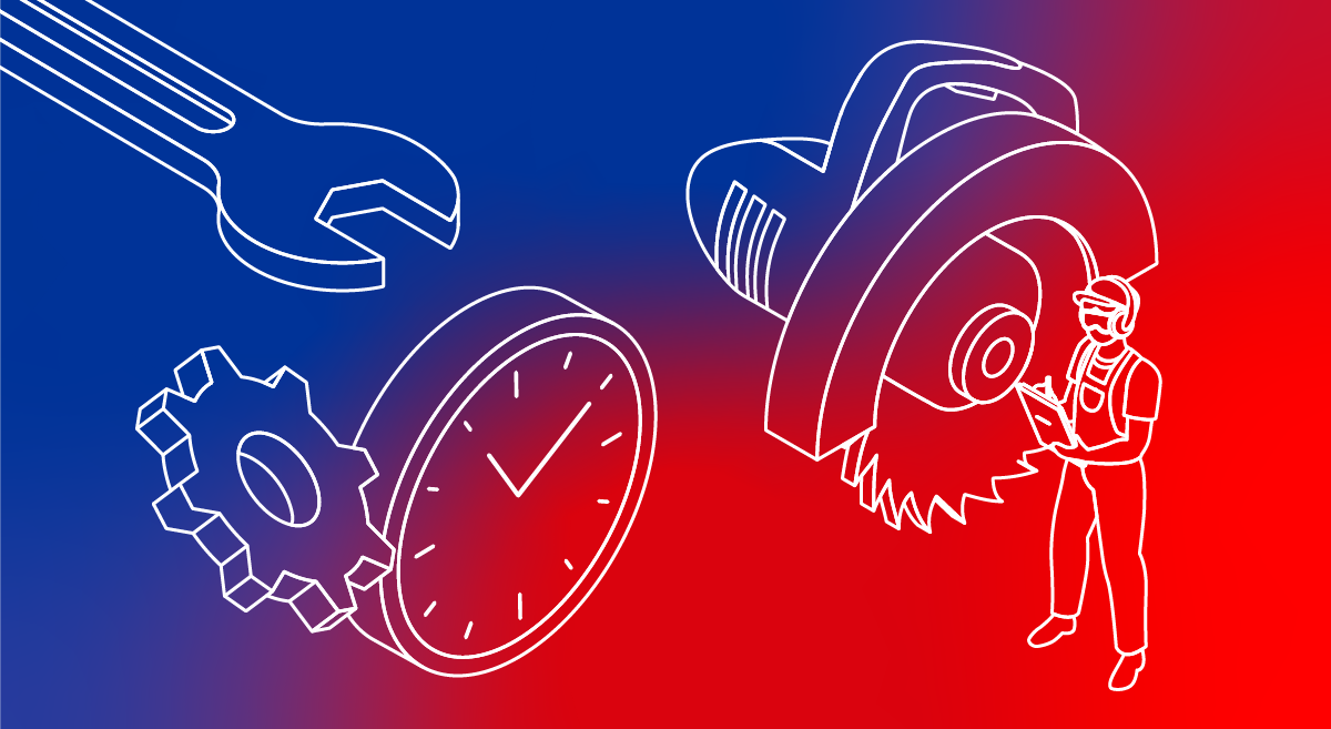 Blau-rote Grafik mit weißen Linienzeichnungen eines Schraubenschlüssels, Zahnrads, einer Uhr und eines Arbeiters mit Schutzhelm neben einer Kreissäge