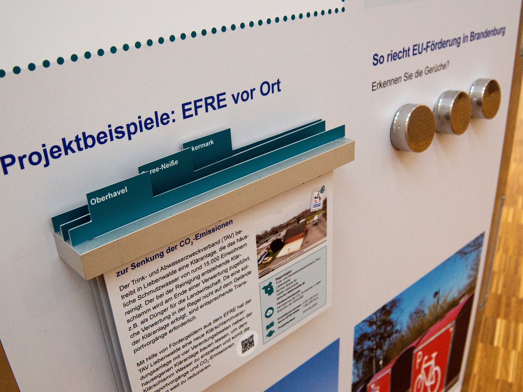 Bild: Detailaufnahme der EFRE-Wanderausstellung mit Projekttafeln und Riechelementen