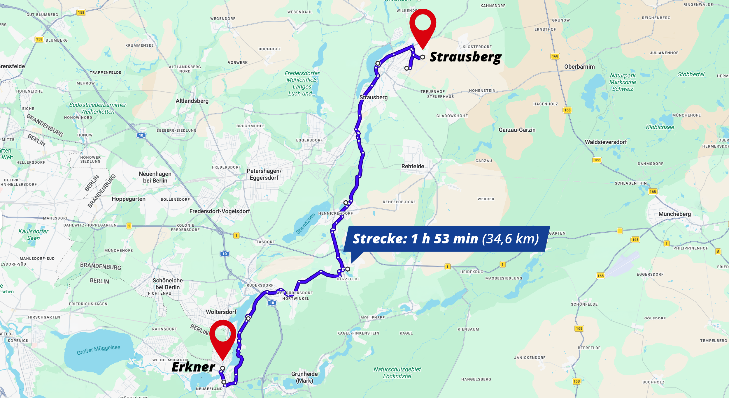 Abbildung einer Route von Erkner nach Strausberg