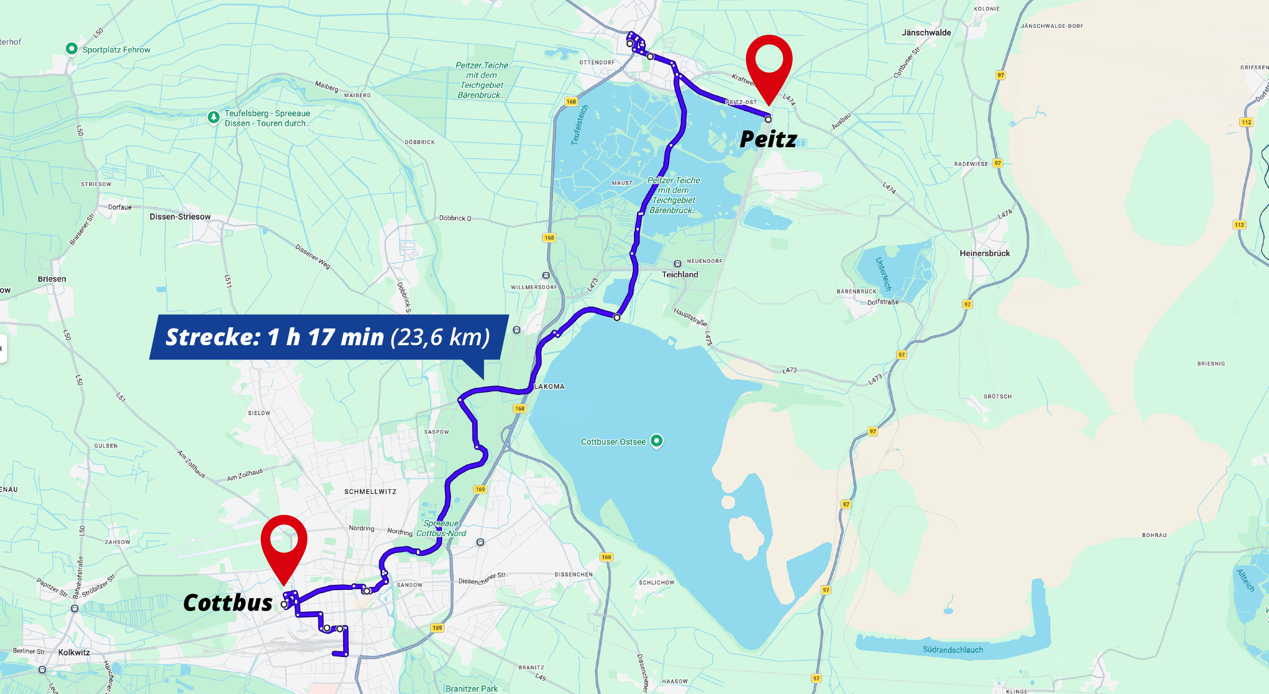 Abbildung einer route von Peitz nach Cottbus