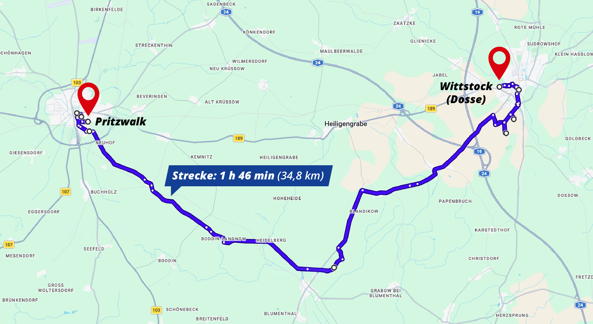 Abbildung einer route von Pritzwalk nach Wittstock