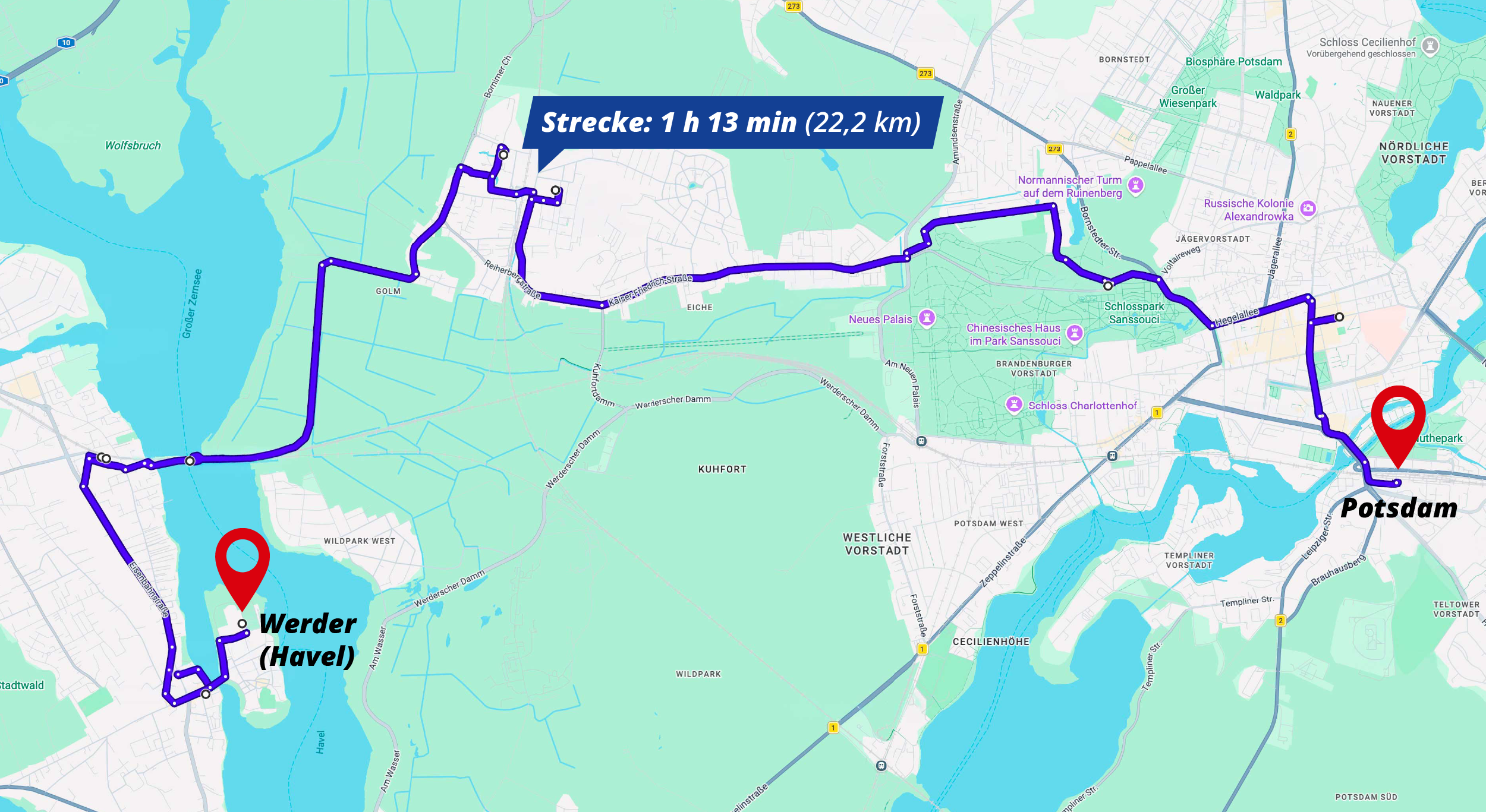 Abbildung einer Route von Werder nach Potsdam