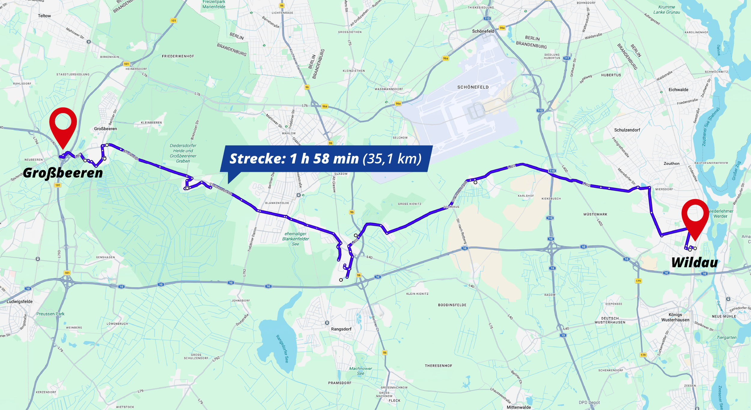 Abbildung einer route von Wildau nach Grossbeeren
