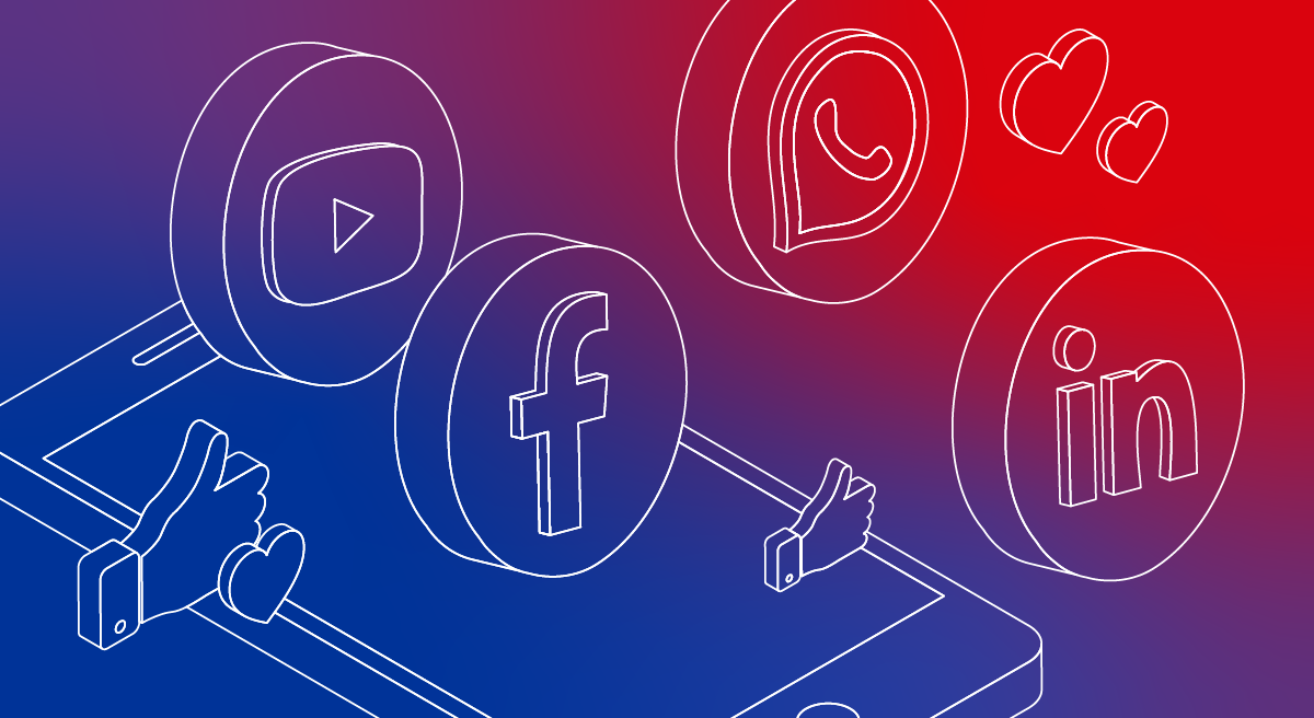 Linienzeichnung von Social-Media-Symbolen für YouTube, Facebook, WhatsApp, LinkedIn über einem Smartphone mit Daumen hoch und Herzsymbolen