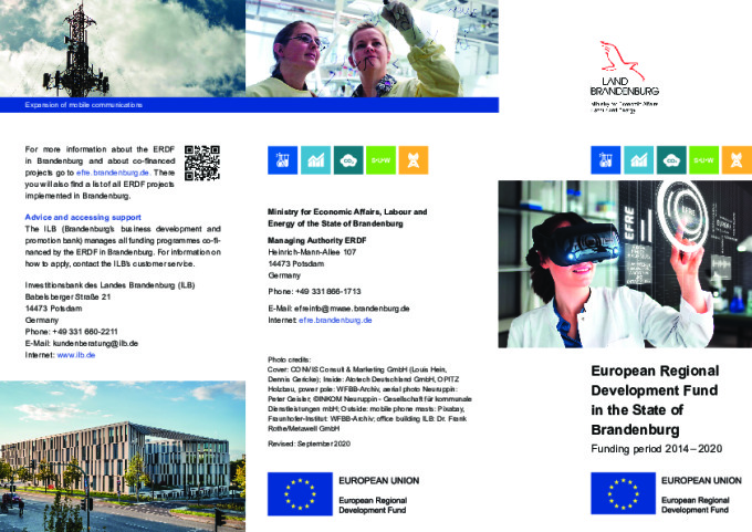 Bild vergrößern (Bild: Faltblatt Europäischer Fonds für regionale Entwicklung im Land Brandenburg Förderperiode 2014-2020 in englischer Sprache)